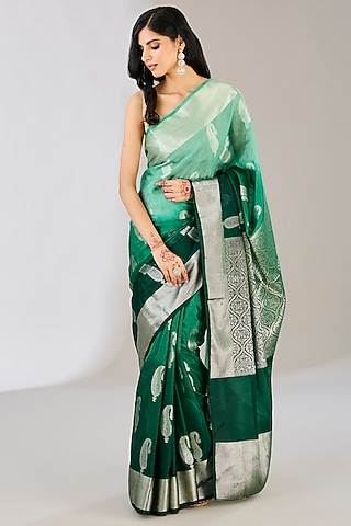 Bottle Green Ombre Pure Silk Handloom Zari Embroidered Banarasi Saree by Zal From Benaras