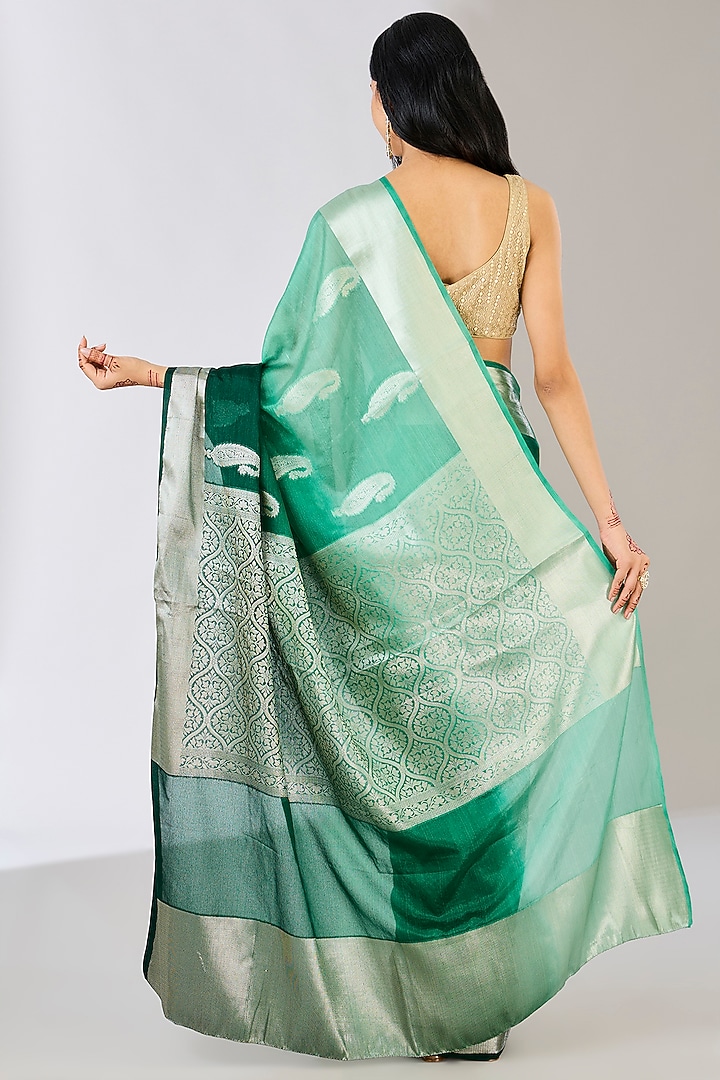 Bottle Green Ombre Pure Silk Handloom Zari Embroidered Banarasi Party Wear Saree by Zal From Benaras at Pernia's Pop Up Shop