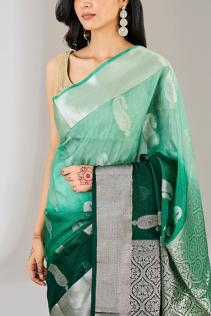 Bottle Green Ombre Pure Silk Handloom Zari Embroidered Banarasi Party Wear Saree by Zal From Benaras at Pernia's Pop Up Shop