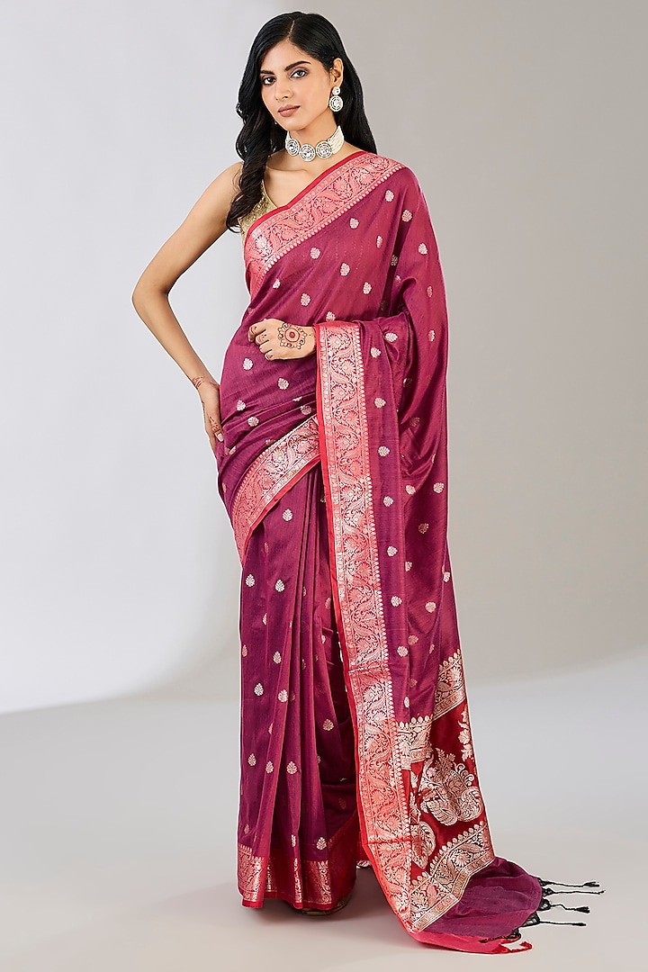 Magenta-Red Pure Silk Handloom Zari Embroidered & Handwoven Printed Banarasi Saree by Zal From Benaras at Pernia's Pop Up Shop