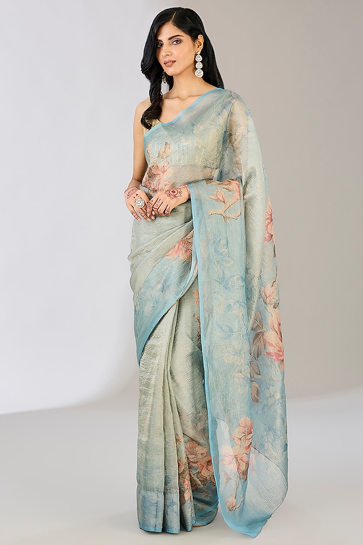 Blue Pure Tissue Silk Handloom Floral Hand Painted Banarasi Saree by Zal From Benaras at Pernia's Pop Up Shop