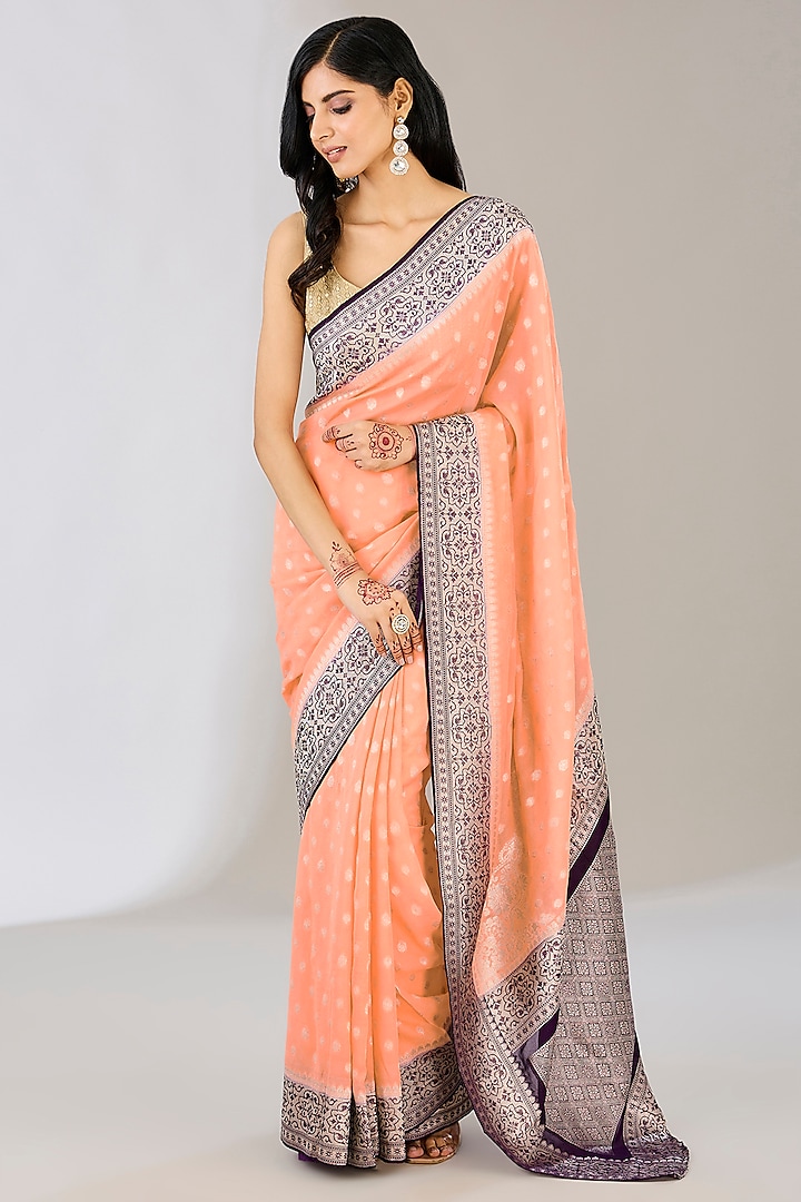 Peach Pure Chiffon Banarasi Handloom Zari Embroidered & Handwoven Printed Saree by Zal From Benaras at Pernia's Pop Up Shop