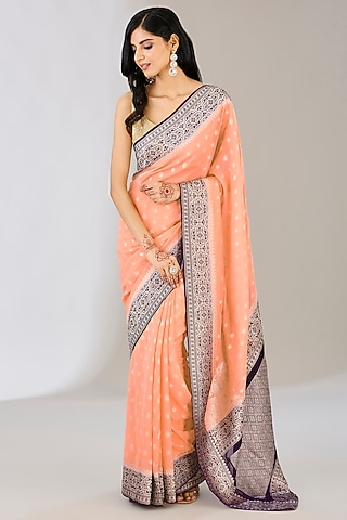 Peach Pure Chiffon Banarasi Handloom Zari Embroidered & Handwoven Printed Saree by Zal From Benaras