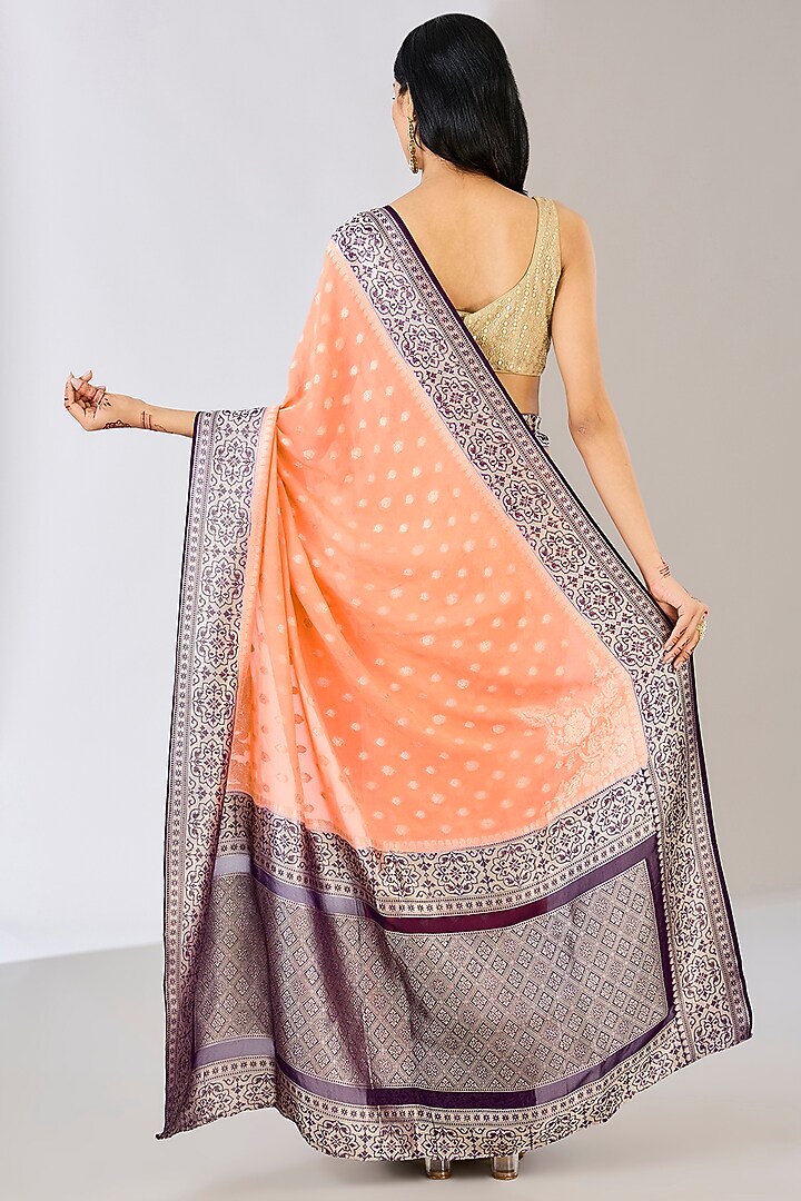 Peach Pure Chiffon Banarasi Handloom Zari Embroidered & Handwoven Printed Festive Saree by Zal From Benaras at Pernia's Pop Up Shop