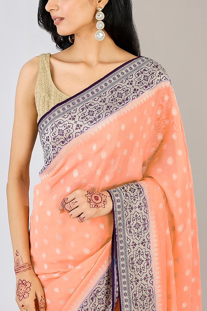 Peach Pure Chiffon Banarasi Handloom Zari Embroidered & Handwoven Printed Festive Saree by Zal From Benaras at Pernia's Pop Up Shop