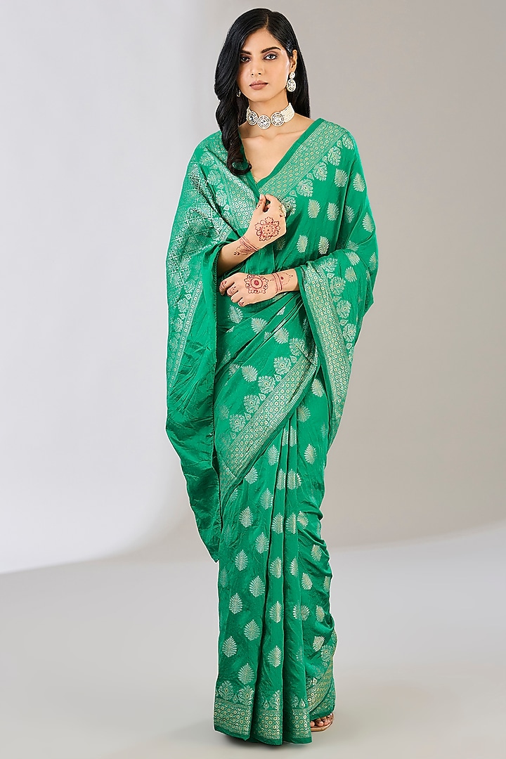 Green Pure Silk Handloom Weaves Embroidered & Handwoven Printed Banarasi Saree by Zal From Benaras at Pernia's Pop Up Shop