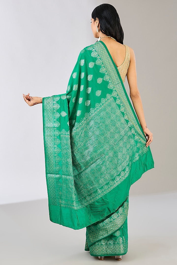Green Pure Silk Handloom Weaves Embroidered & Handwoven Printed Banarasi Festive Saree by Zal From Benaras at Pernia's Pop Up Shop