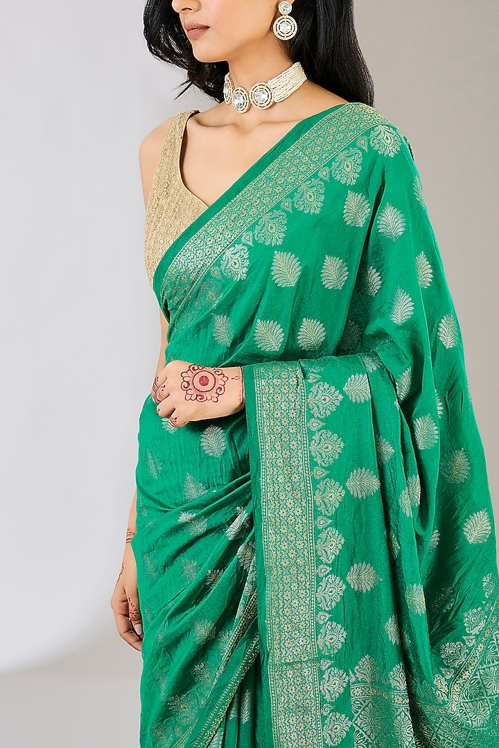 Green Pure Silk Handloom Weaves Embroidered & Handwoven Printed Banarasi Festive Saree by Zal From Benaras at Pernia's Pop Up Shop