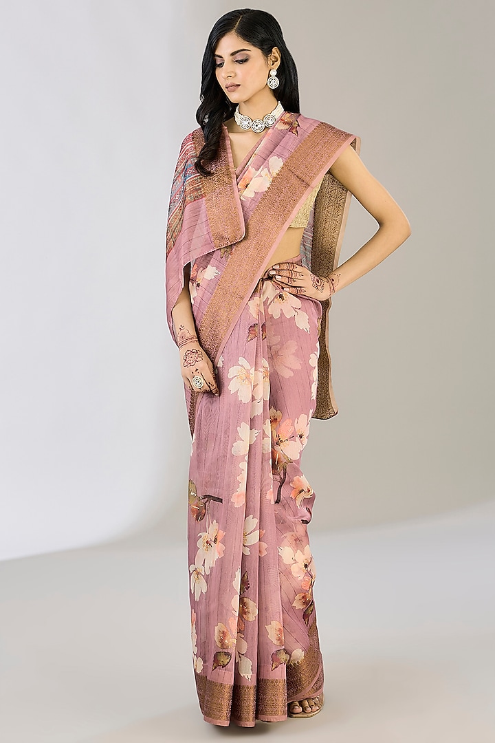 Baby Pink Pure Silk Handloom Weaves Embroidered & Digital Printed Banarasi Saree by Zal From Benaras at Pernia's Pop Up Shop