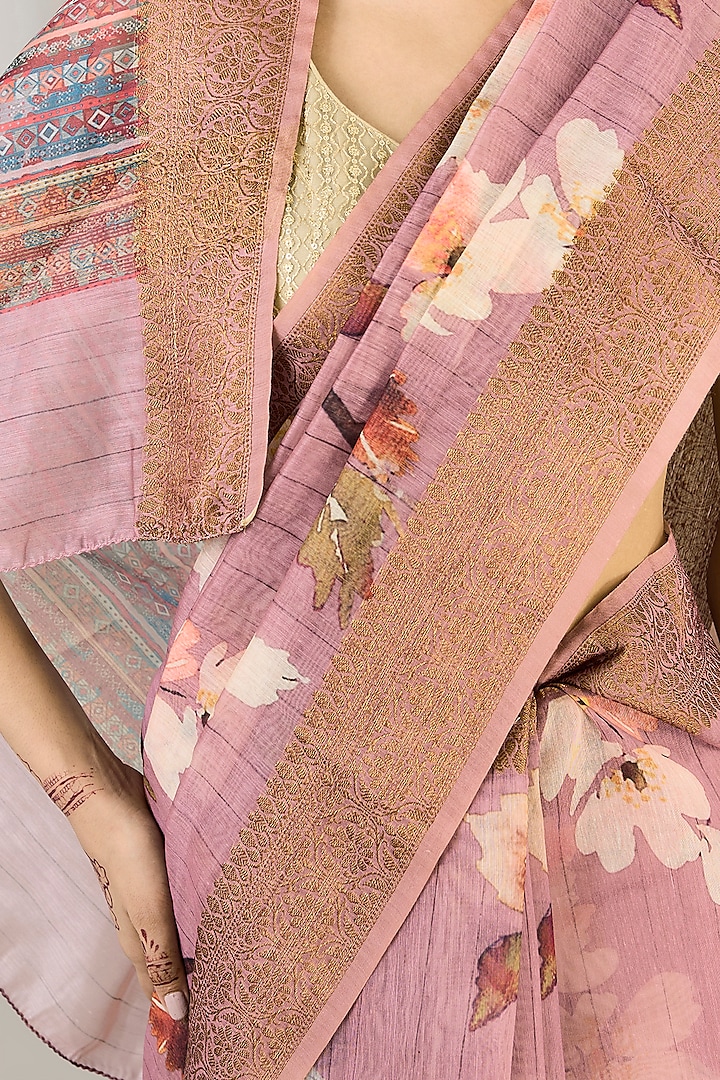 Baby Pink Pure Silk Handloom Weaves Embroidered & Digital Printed Banarasi Party Wear Saree by Zal From Benaras at Pernia's Pop Up Shop
