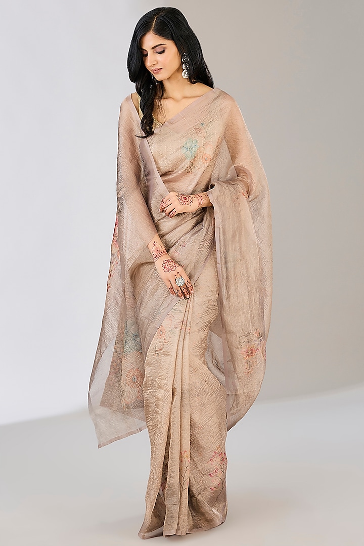 Beige Pure Tissue Silk Handloom Hand Painted Banarasi Saree by Zal From Benaras at Pernia's Pop Up Shop