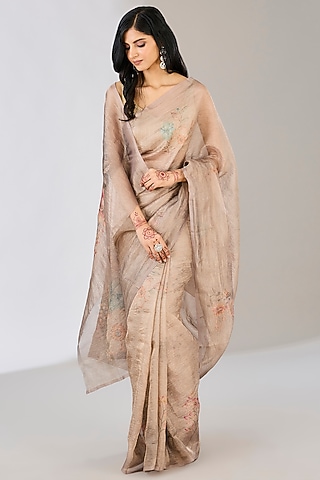 Beige Pure Tissue Silk Handloom Hand Painted Banarasi Saree by Zal From Benaras