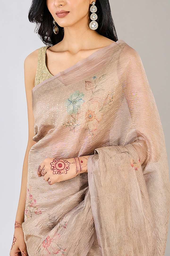 Beige Pure Tissue Silk Handloom Hand Painted Banarasi Festive Saree by Zal From Benaras at Pernia's Pop Up Shop