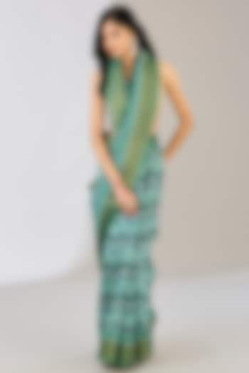 Green Pure Silk Weaves Embroidered & Digital Printed Banarasi Saree by Zal From Benaras at Pernia's Pop Up Shop