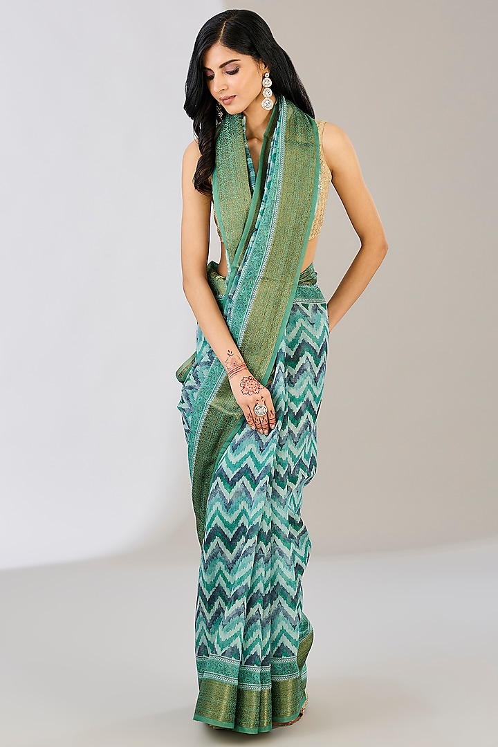 Green Pure Silk Weaves Embroidered & Digital Printed Banarasi Saree by Zal From Benaras at Pernia's Pop Up Shop