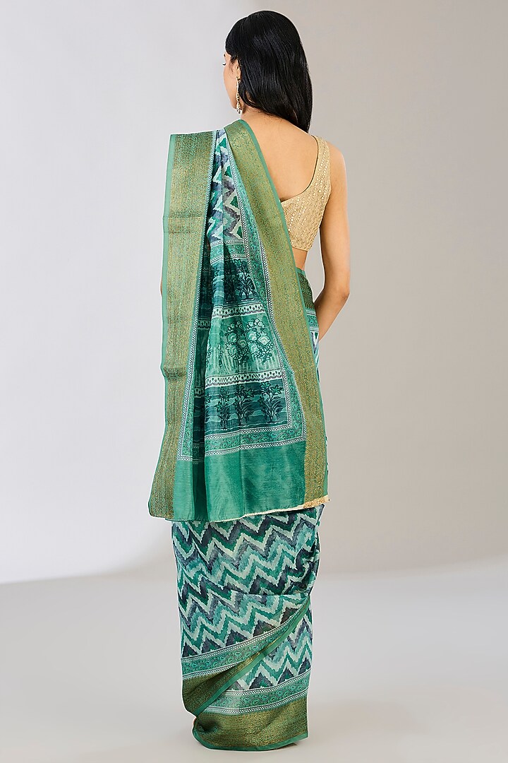 Green Pure Silk Weaves Embroidered & Digital Printed Banarasi Party Wear Saree by Zal From Benaras at Pernia's Pop Up Shop