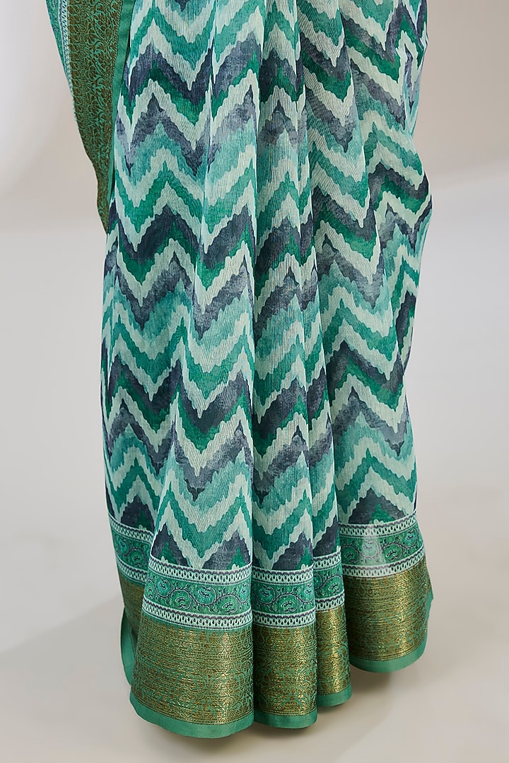 Green Pure Silk Weaves Embroidered & Digital Printed Banarasi Party Wear Saree by Zal From Benaras at Pernia's Pop Up Shop