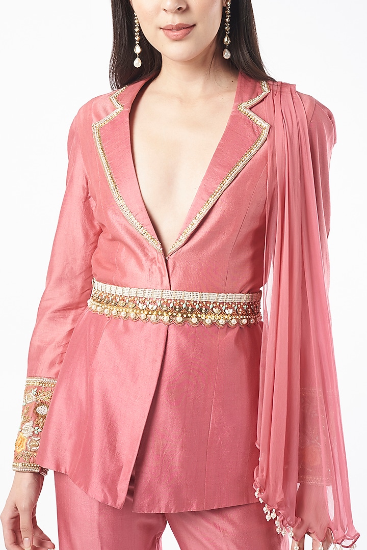 Pink Hand Embroidered Blazer Set by Zamoraa The Label at Pernia's Pop Up Shop