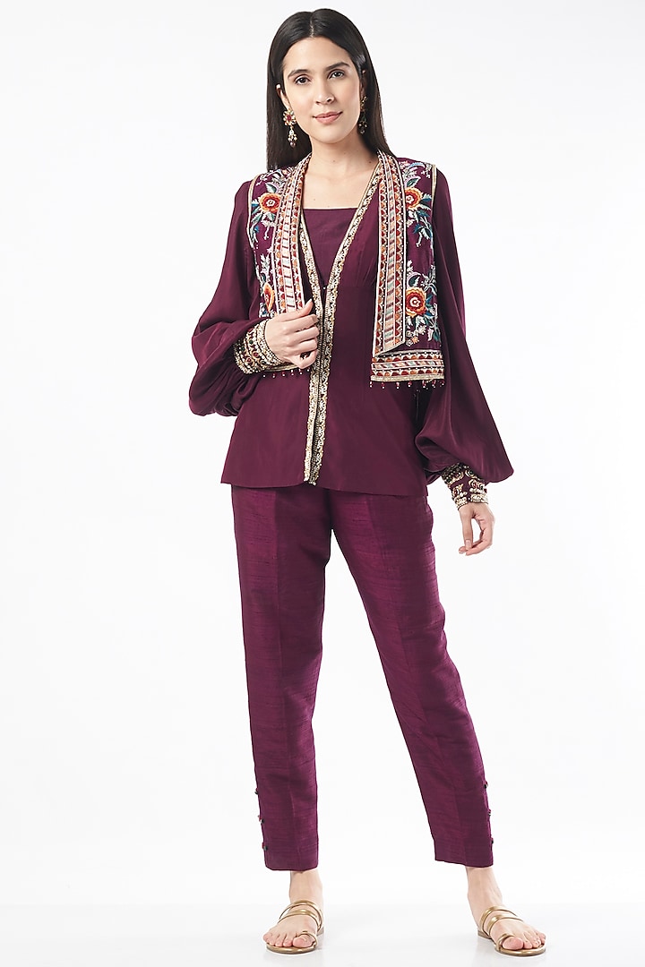 Wine Hand Embroidered Jacket Set by Zamoraa The Label