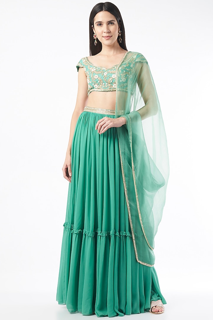 Green Tiered Lehenga Set by Zamoraa The Label