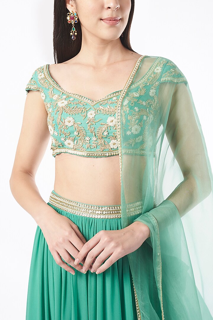 Green Tiered Wedding Lehenga Set by Zamoraa The Label at Pernia's Pop Up Shop