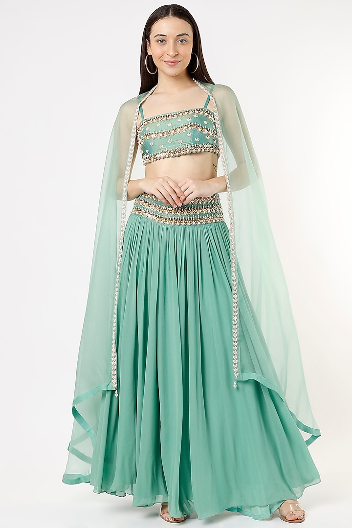 Green Hand Embroidered Lehenga Set by Zamoraa The Label