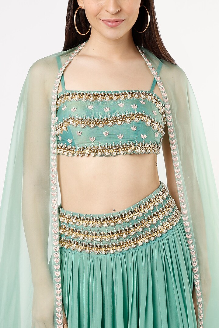 Green Hand Embroidered Lehenga Set by Zamoraa The Label at Pernia's Pop Up Shop