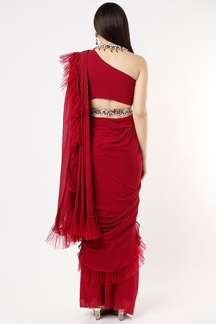 Wine Georgette Ruffled Pre-Stitched Party Wear Saree Set by Zamoraa The Label at Pernia's Pop Up Shop