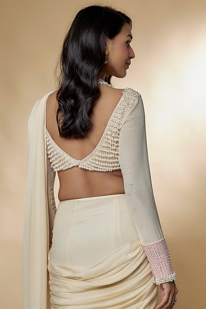 Cream Crepe Georgette Draped Wedding Saree Set by Zamoraa The Label at Pernia's Pop Up Shop