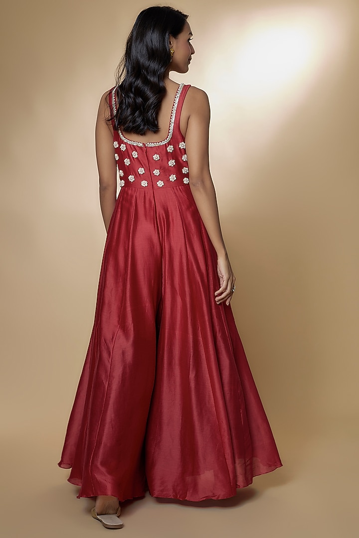 Red Chanderi Silk Embroidered Jumpsuit by Zamoraa The Label at Pernia's Pop Up Shop