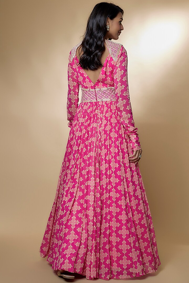 Pink Georgette Digital Printed & Embroidered Party Wear Anarkali by Zamoraa The Label at Pernia's Pop Up Shop