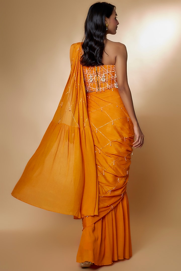 Saffron Orange Crepe Georgette Embroidered Draped Wedding Saree Set by Zamoraa The Label at Pernia's Pop Up Shop