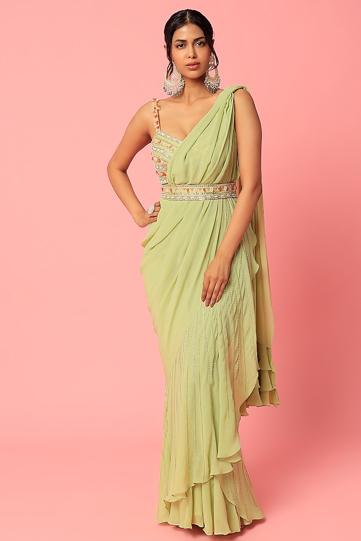 Lime Green Georgette & Organza Saree Set by Zamoraa The Label