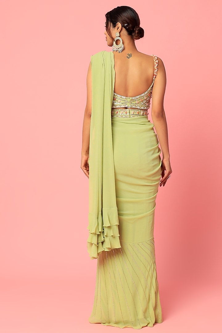 Lime Green Georgette & Organza Wedding Saree Set by Zamoraa The Label at Pernia's Pop Up Shop