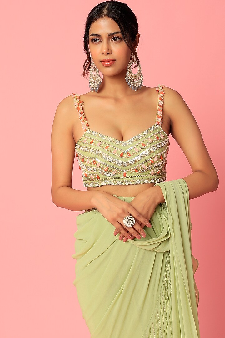 Lime Green Georgette & Organza Wedding Saree Set by Zamoraa The Label at Pernia's Pop Up Shop