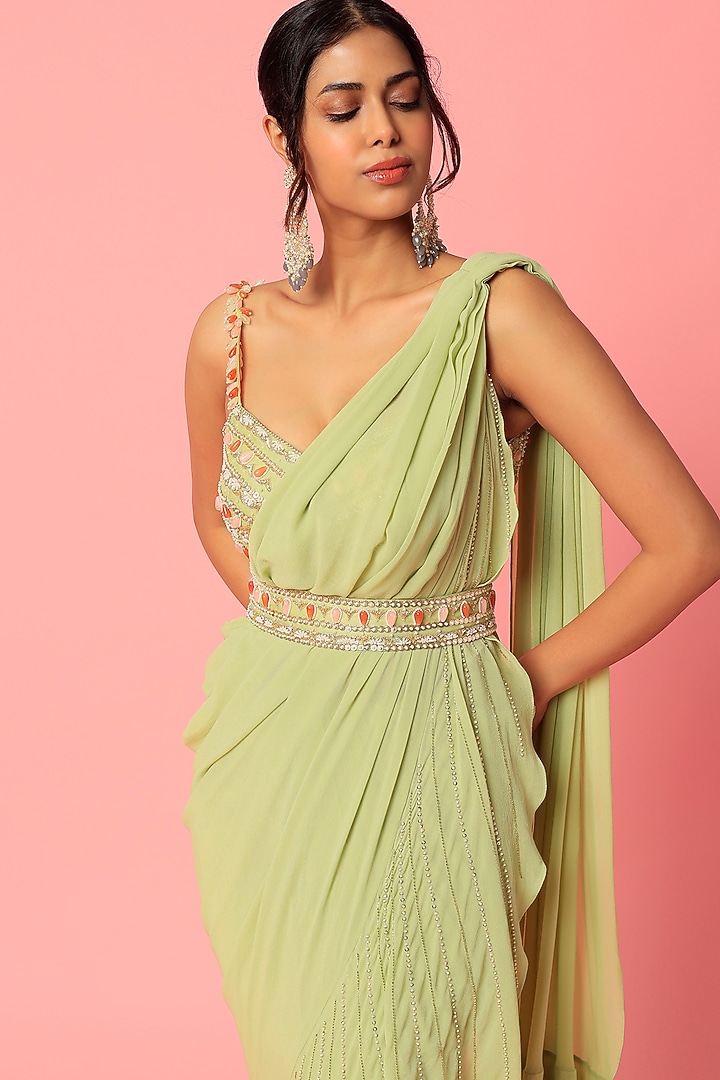 Lime Green Georgette & Organza Wedding Saree Set by Zamoraa The Label at Pernia's Pop Up Shop