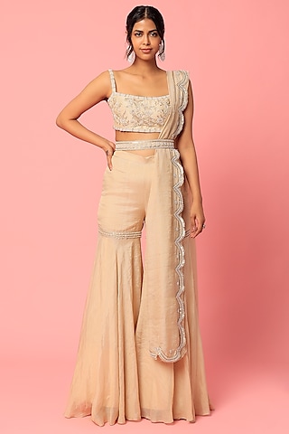 Beige Banarasi Tissue Gharara Set  by Zamoraa The Label