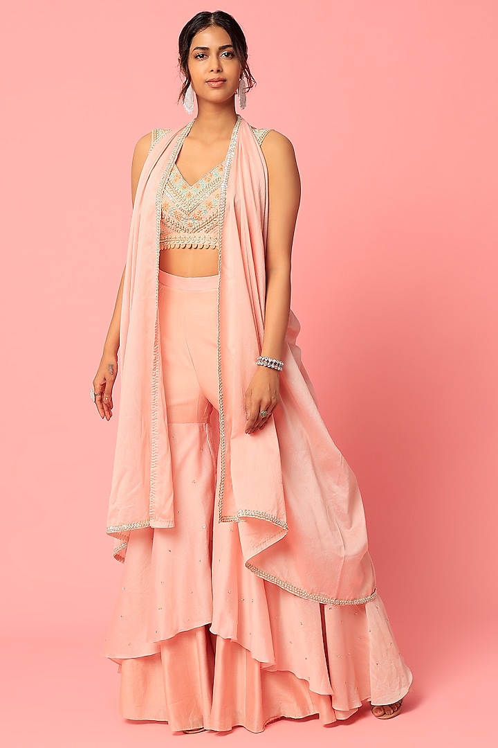 Pale Pink Raw Silk & Handloom Chanderi Gharara Set by Zamoraa The Label