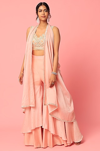 Pale Pink Raw Silk & Handloom Chanderi Gharara Set by Zamoraa The Label