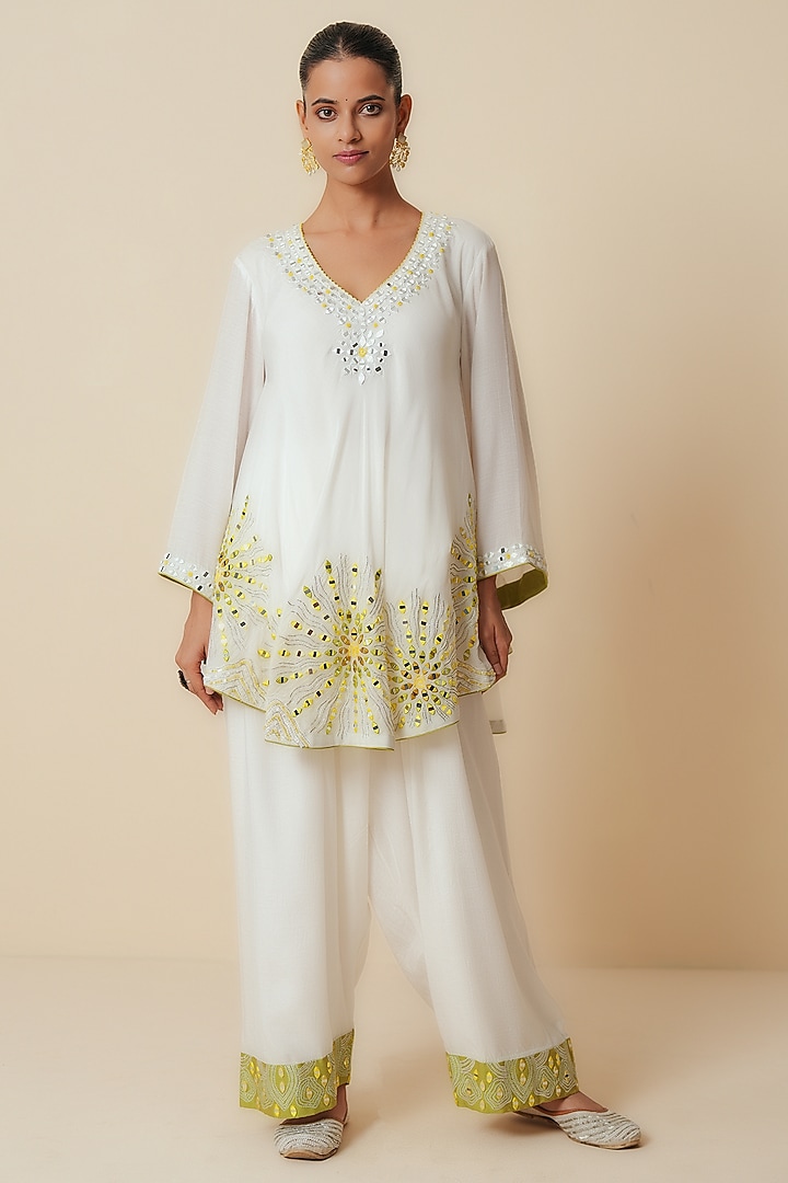 White Muslin & Cotton Silk Sequins Embroidered Co-Ord Set by Zari Dorie at Pernia's Pop Up Shop