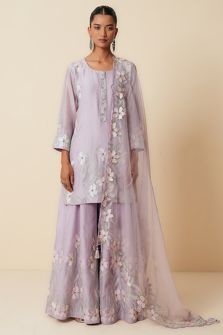 Lilac Pure Chanderi Silk Cutdana Embroidered Wedding Sharara Set by Zari Dorie at Pernia's Pop Up Shop