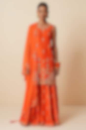 Orange Pure Chanderi Silk Jaal Embroidered Wedding Sharara Set by Zari Dorie at Pernia's Pop Up Shop