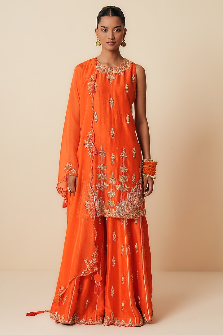 Orange Pure Chanderi Silk Jaal Embroidered Wedding Sharara Set by Zari Dorie at Pernia's Pop Up Shop