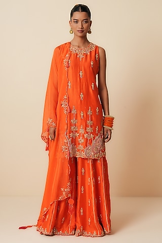 Orange Pure Chanderi Silk Jaal Embroidered Sharara Set by Zari Dorie