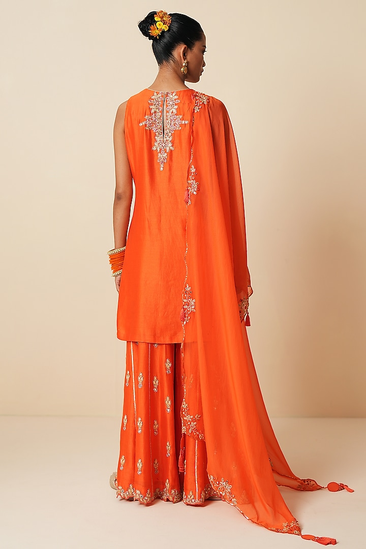 Orange Pure Chanderi Silk Jaal Embroidered Wedding Sharara Set by Zari Dorie at Pernia's Pop Up Shop
