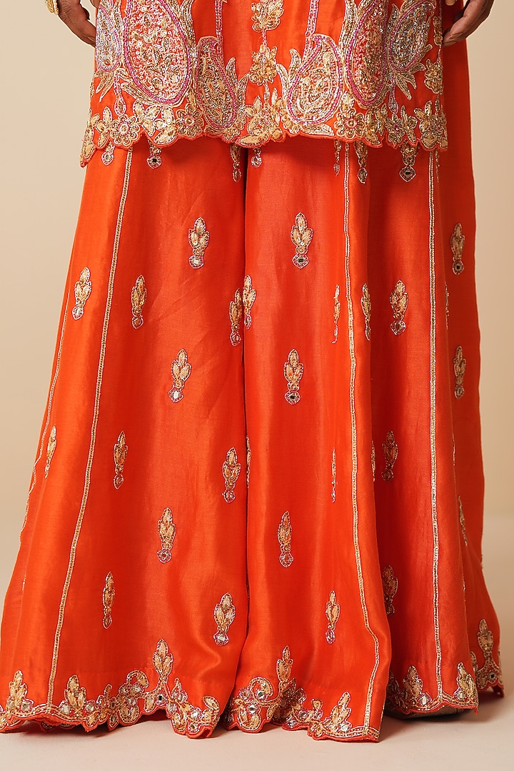 Orange Pure Chanderi Silk Jaal Embroidered Wedding Sharara Set by Zari Dorie at Pernia's Pop Up Shop