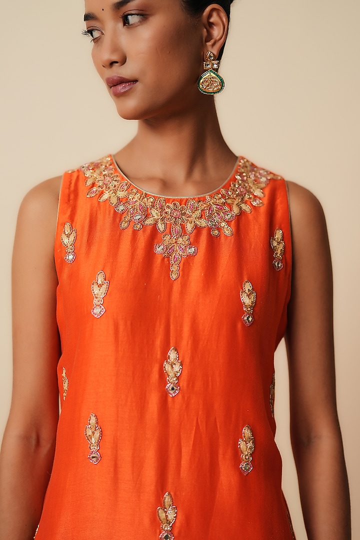 Orange Pure Chanderi Silk Jaal Embroidered Wedding Sharara Set by Zari Dorie at Pernia's Pop Up Shop