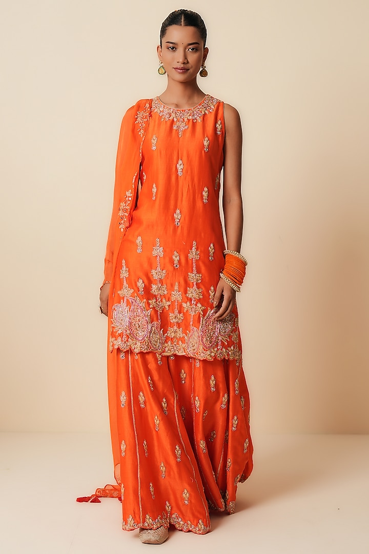Orange Pure Chanderi Silk Jaal Embroidered Wedding Sharara Set by Zari Dorie at Pernia's Pop Up Shop