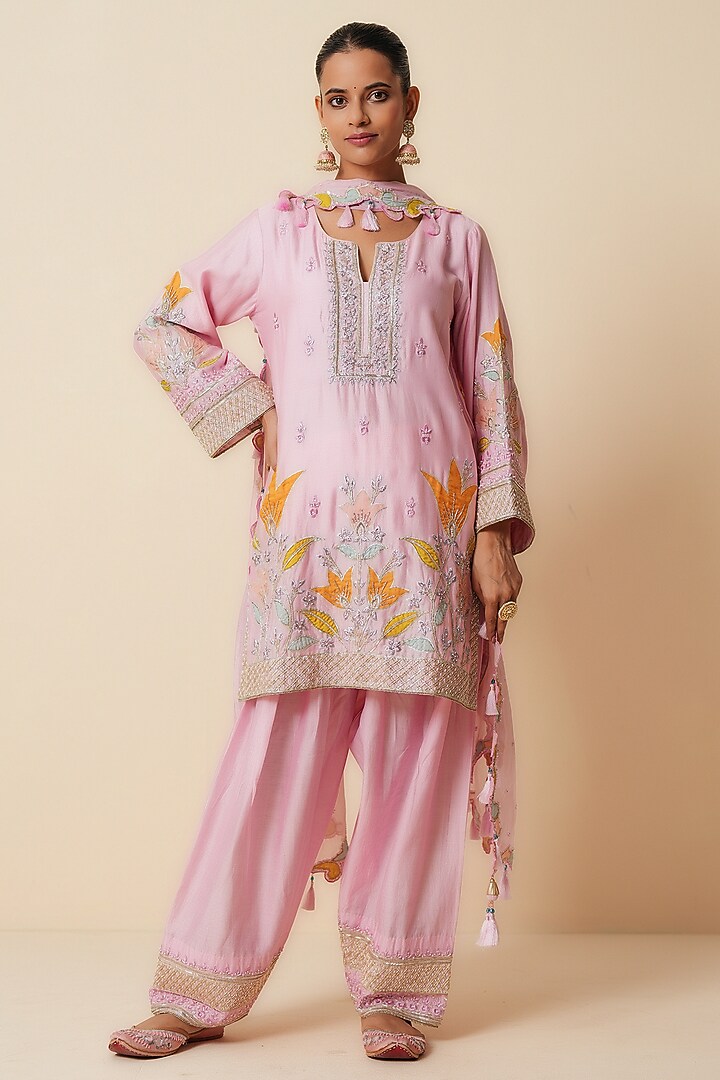 Soft Pink Pure Chanderi Silk Zardosi Embroidered Kurta Set by Zari Dorie at Pernia's Pop Up Shop