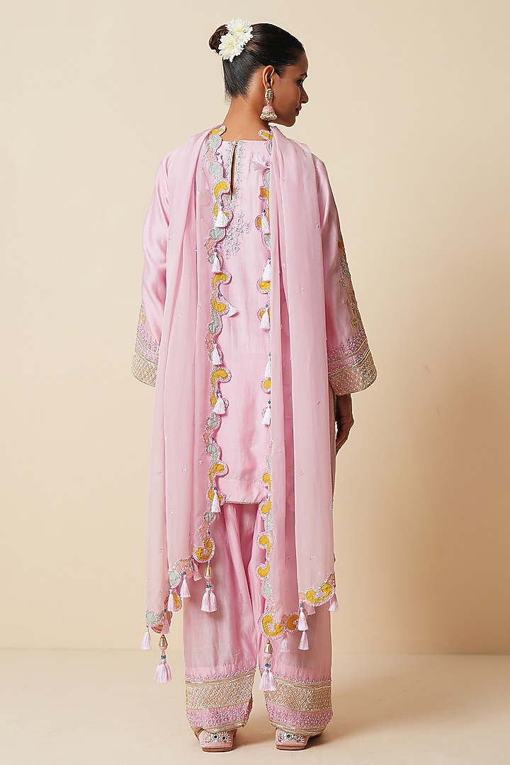 Soft Pink Pure Chanderi Silk Zardosi Embroidered Kurta Set by Zari Dorie at Pernia's Pop Up Shop
